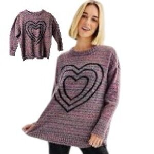 SO Oversized Sweater Multi Striped Colored Heart Cozy Fall Collegiate Women SZ S